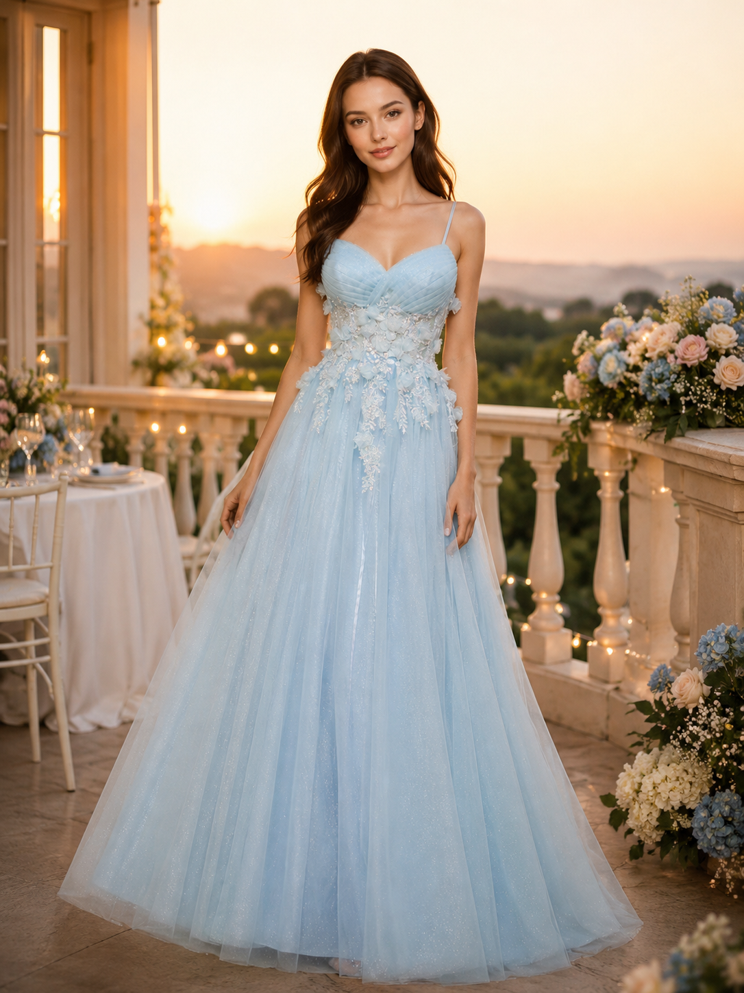 Sky Blue Floral Applique Tulle Gown – custom made-to-measure blue formal gown