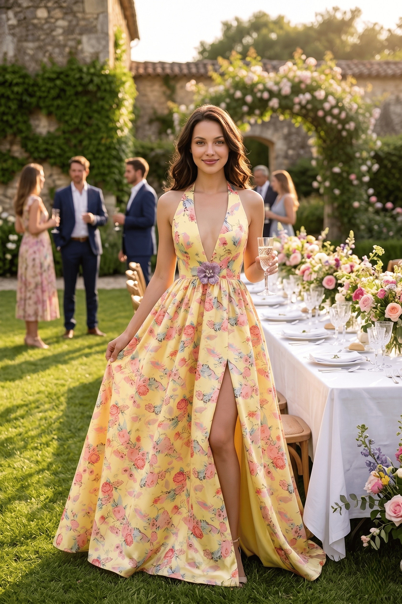 Yellow Floral Halter A-Line Gown – custom made-to-measure formal gown