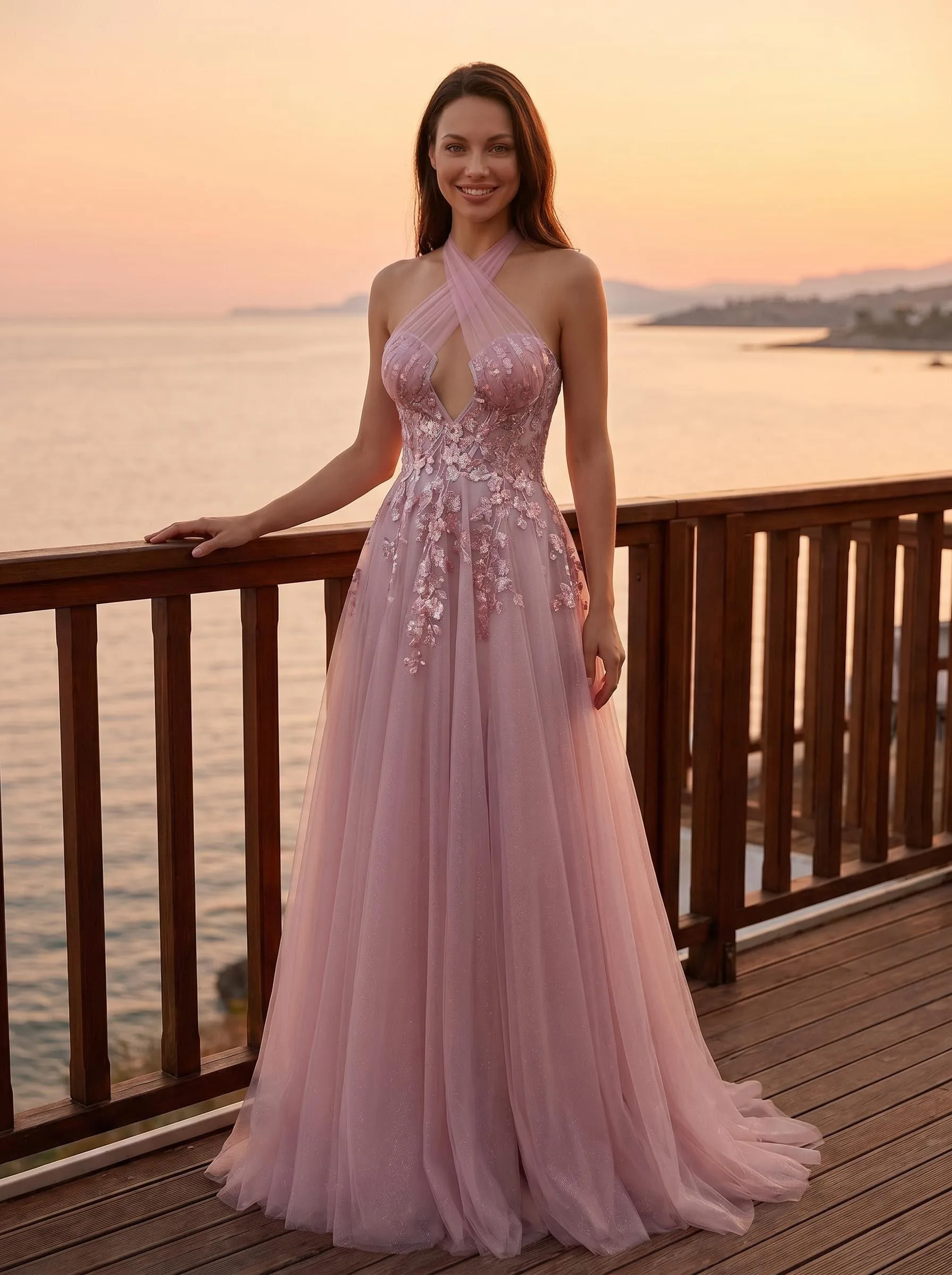Pink Halter Lace Gown – custom made-to-measure formal gown