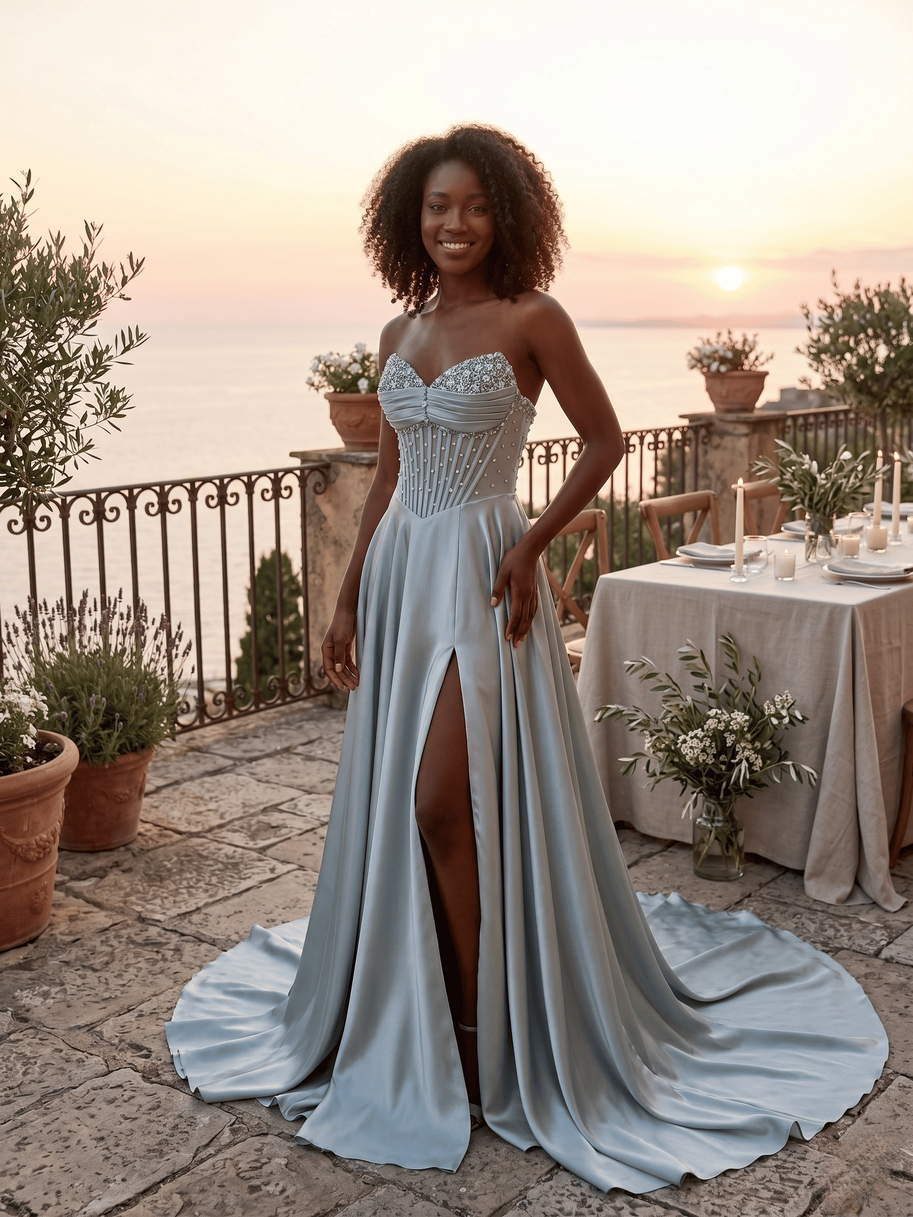 Dusty Blue Beaded Corset Gown – custom made-to-measure formal gown
