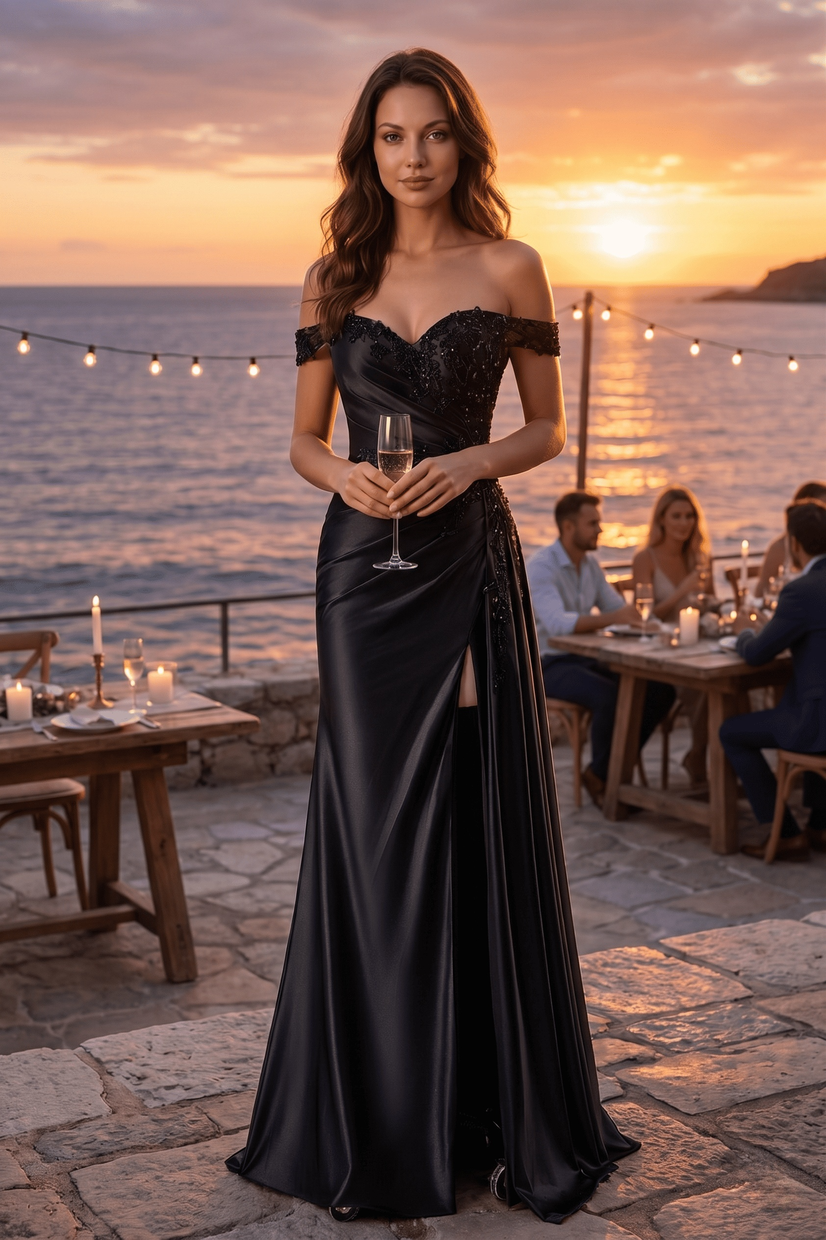 Black Off-Shoulder Lace Evening Gown – custom made-to-measure formal gown