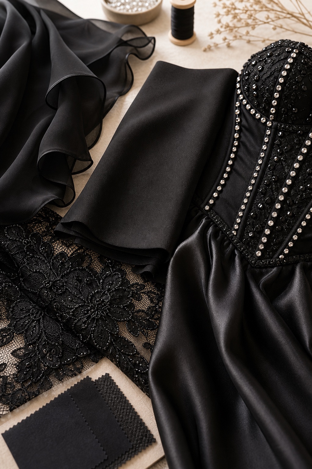 black formal gown fabrics chiffon crepe lace satin comparison