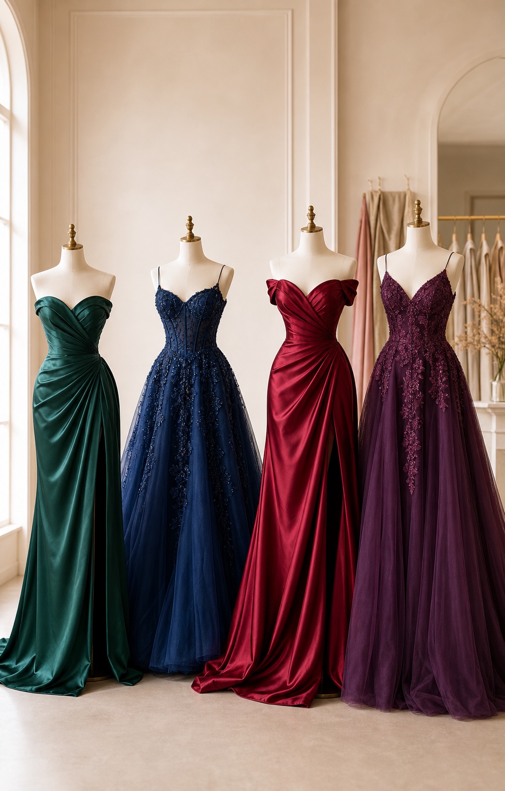jewel tone prom dress emerald ruby plum formal gown